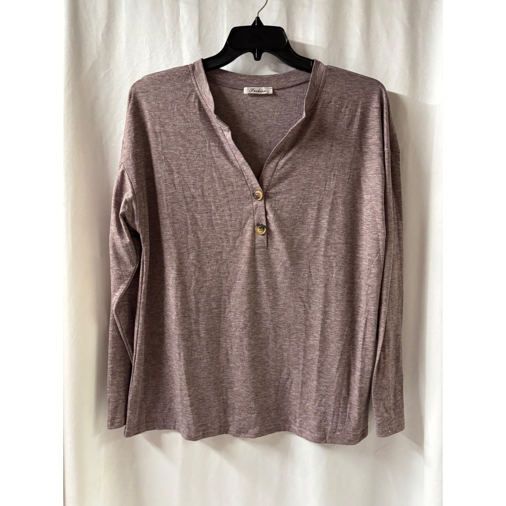 Fashion Long Sleeve Henley Top Women's XL Heathered‎ Mauve Button Neck Casual